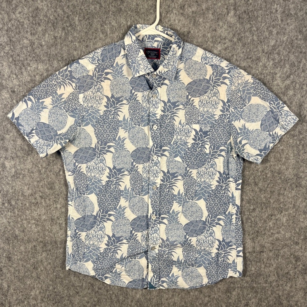 UNTUCKit Yoti Blue Pineapple Print Cotton Linen Slim Fit Shirt Medium 40533